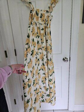 Agua Bendita Leandra Maxi Floral Dress Art Deco Boho Bohemian Yellow Medium